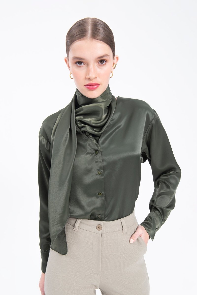 Gaiia Collar Detailed Satin Shirt Tie Neck Crepe Top - Green - GAIIA